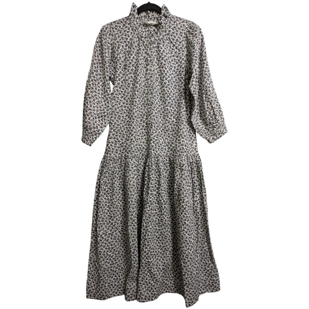 The Great Black Floral Long Sleeves Midi Dress Black Laurel Leaf Print Size 0